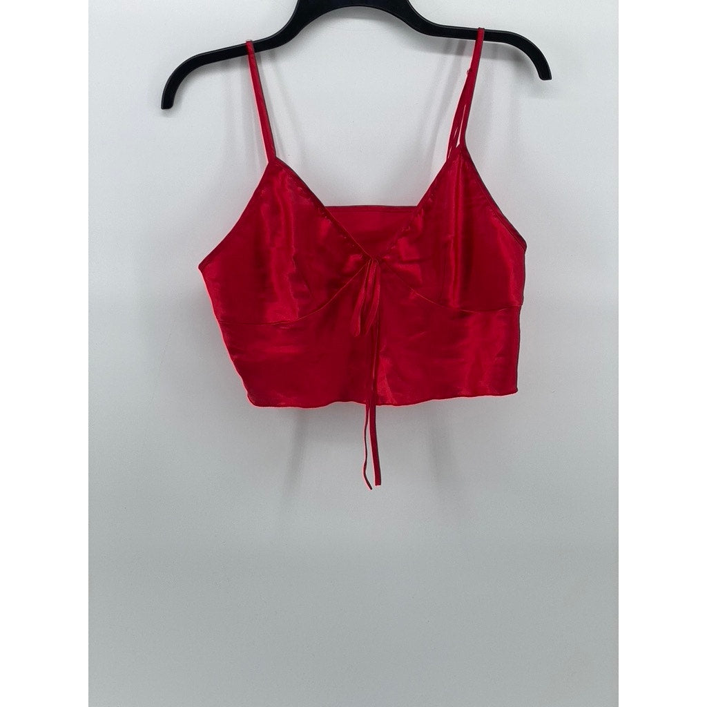 UNBRANDED Women's Red Satin V-Neck Spaghetti Strap Cropped Tank Top SZ M