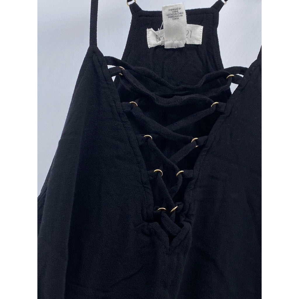 FOREVER 21 Women's Black Lace-Up V-Neck Spaghetti Strap Racerback Top SZ L