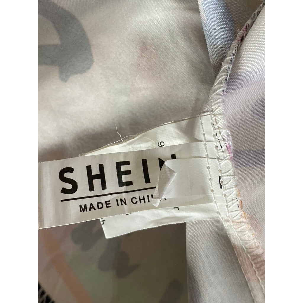SHEIN Women's White/Multi Graffiti Graphic Button-Up Short Sleeve Crop Top SZ S