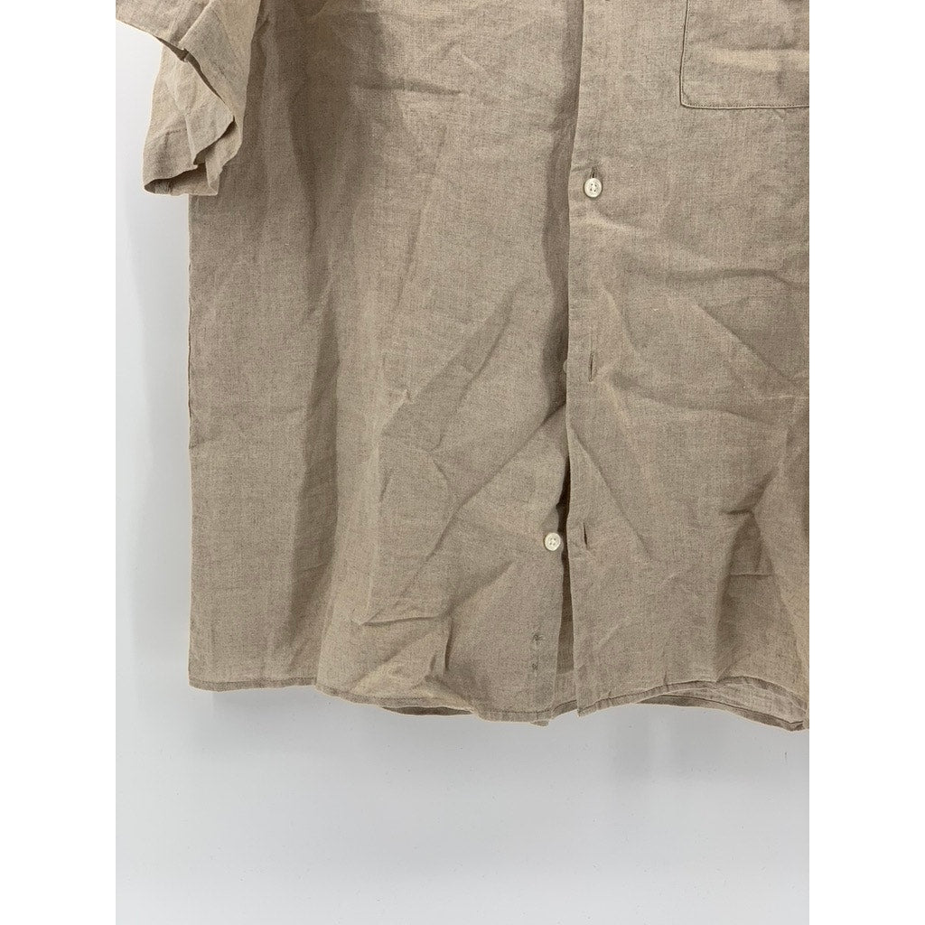 MUJI Men's Light Brown Linen Regular-Fit Button-Up Short Sleeve Shirt SZ L