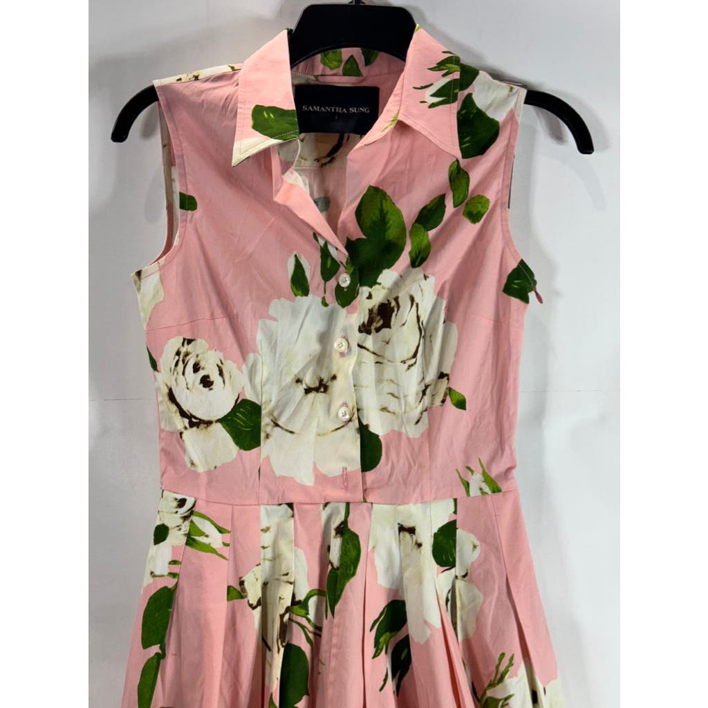 SAMANTHA SUNG Women's Pink Floral Claire Sleeveless Knee-Length Shirtdress SZ 2