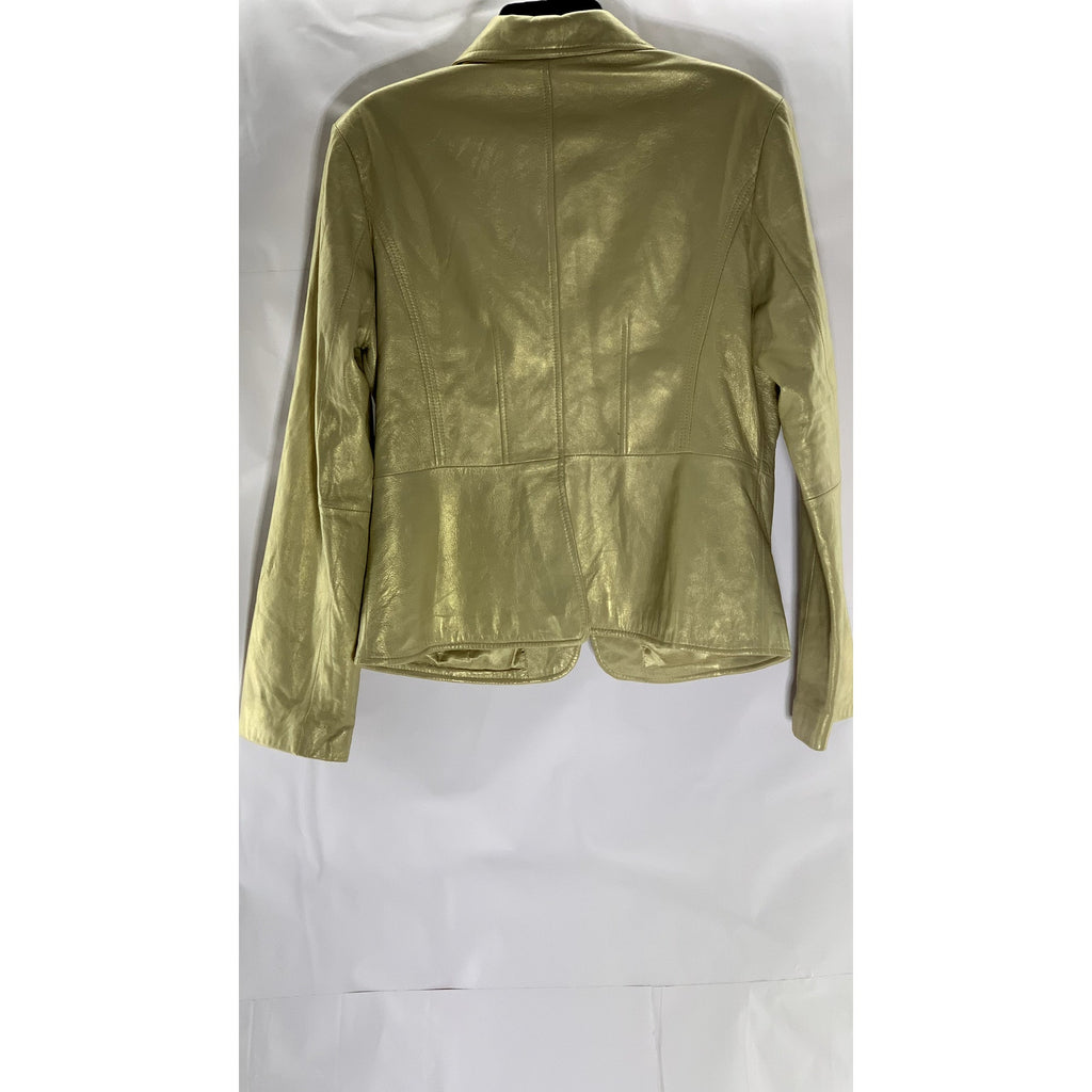 BERNARDO DESIGN Women's Vintage Gold Leather Notch Lapel Zip-Up Jacket SZ L