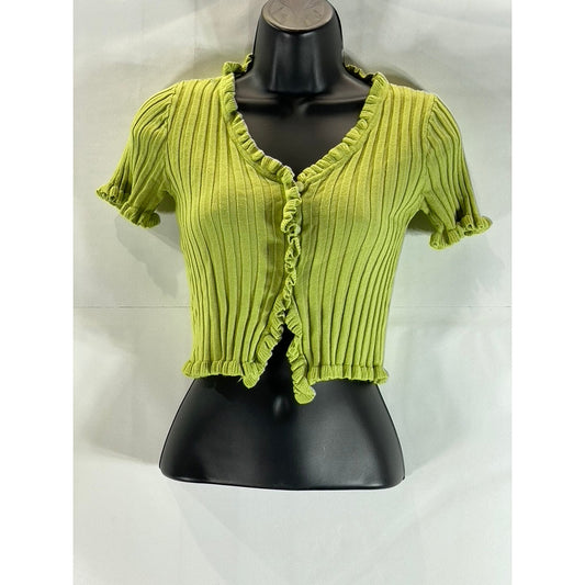 UNBRANDED Women's Green Ribbed Ruffle-Trim Short-Sleeve Crop Top SZ XS