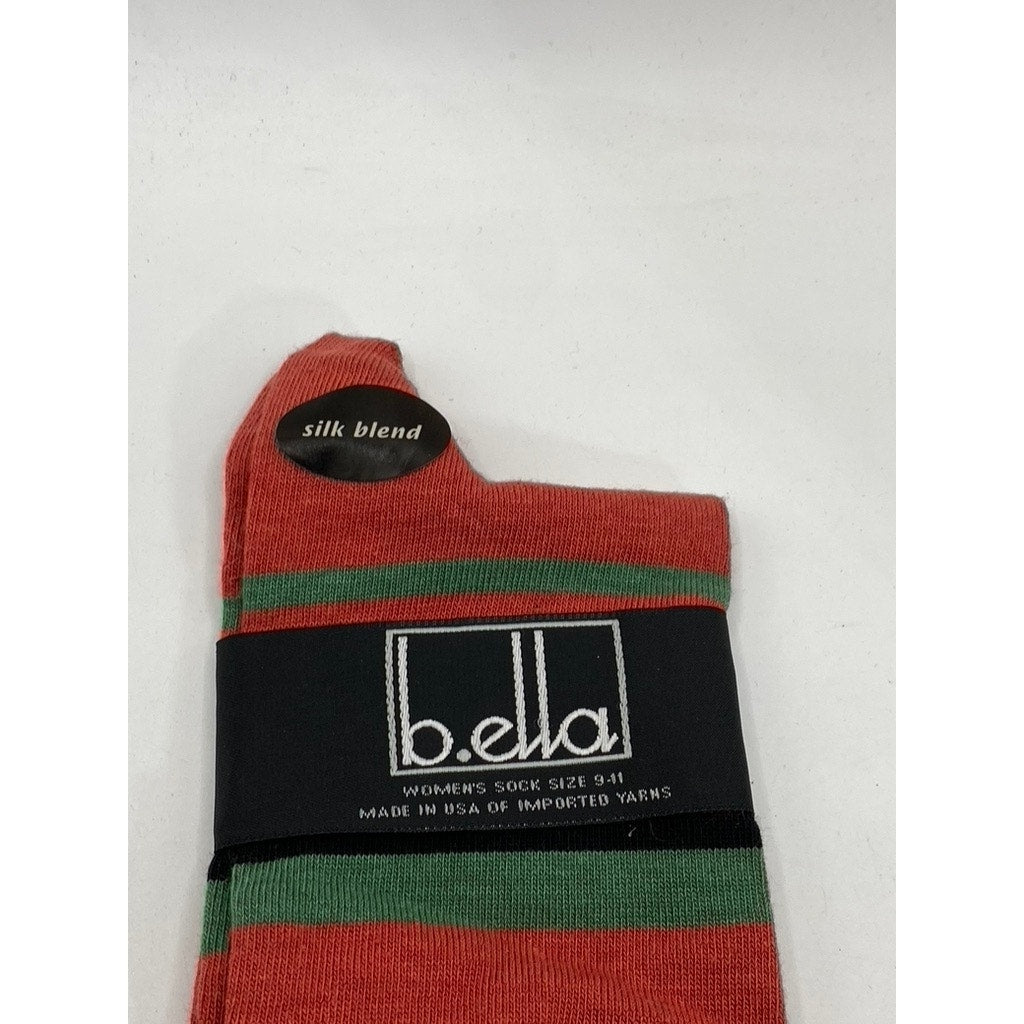 B.ELLA Women's Orange-Green Striped Knit Silk-Blend Taryn Crew Socks SZ OS