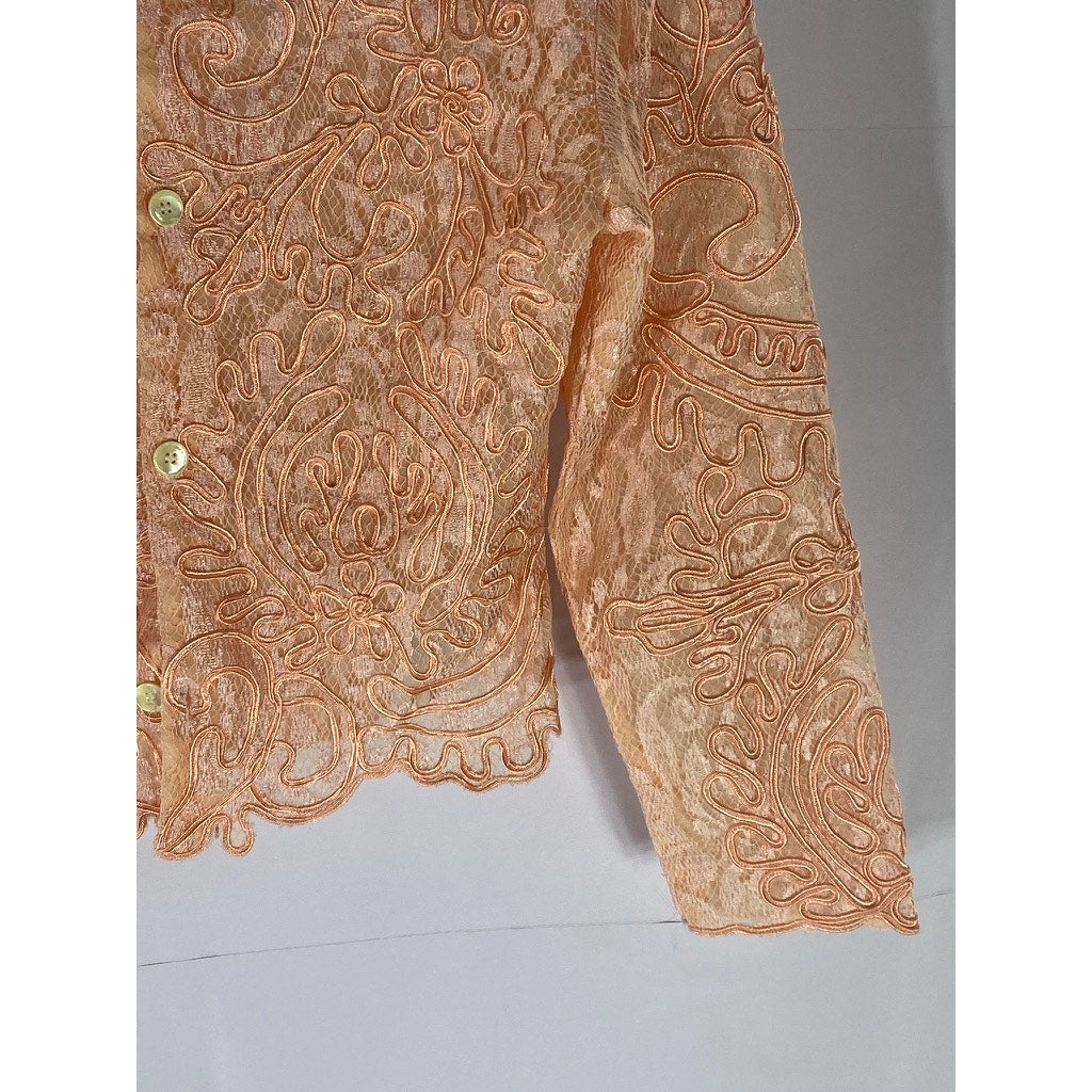 UNBRANDED Women's Pink Embroidered Lace Button-Up Long Sleeve Top SZ S