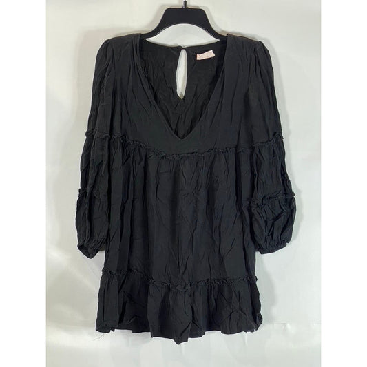 SHOWPO. Women's Black Solid Harriette Tiered V-Neck Long Sleeve Shift Dress SZ 4