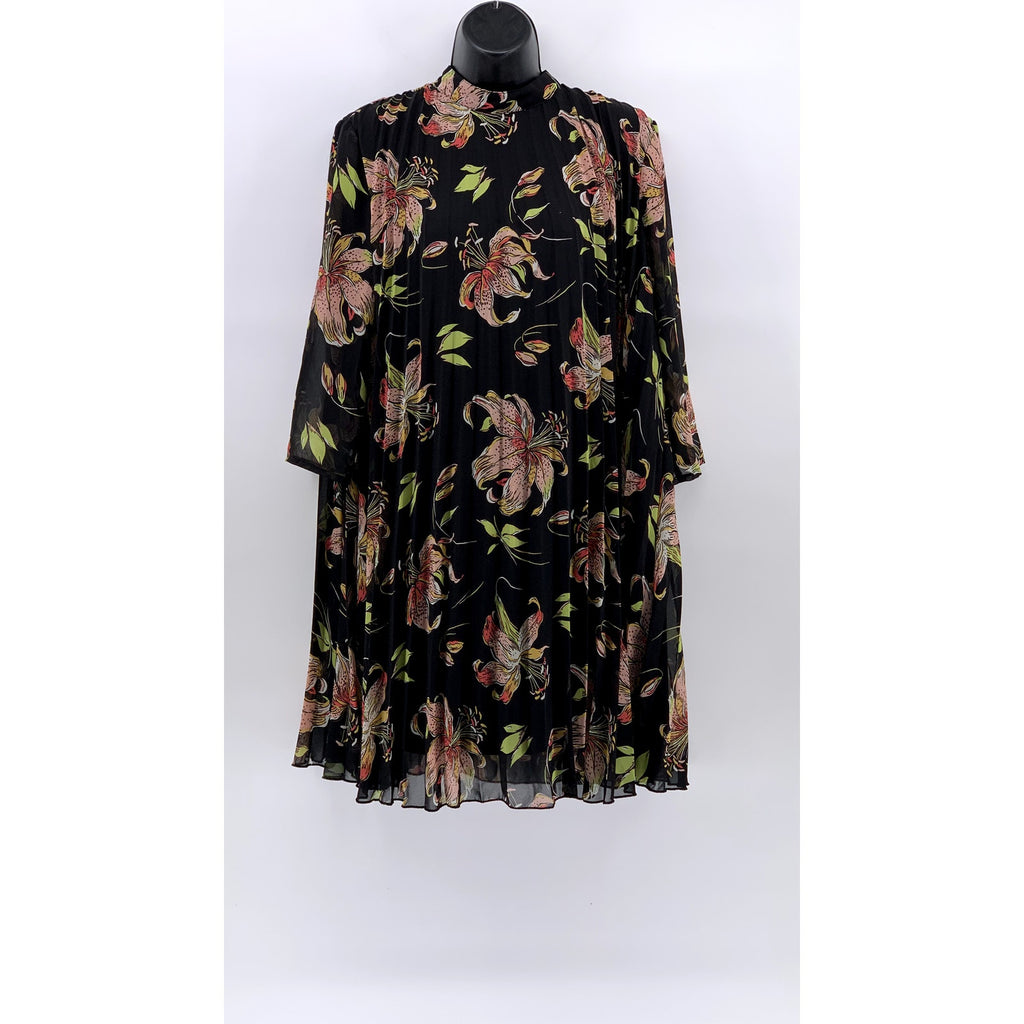 ASOS Women's Black Floral Print Long Sleeve Pleated A-Line Knee Length Dress SZ8