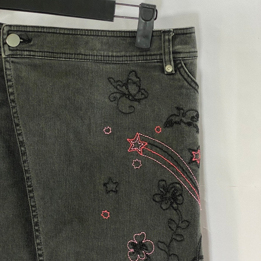 H&M Women's Black Denim Embroidered Star-Flower Mini Wrap Skirt SZ 6