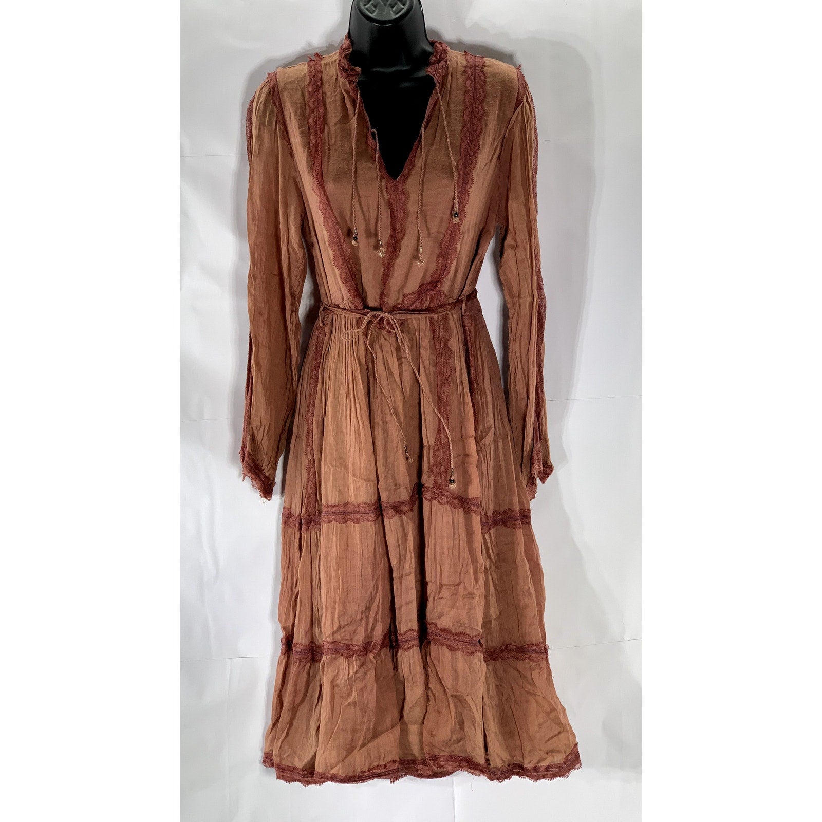 UNBRANDED Women's Burnt Orange Lace-Trim V-Neck Tiered Tie-Waist Midi Dress SZ S