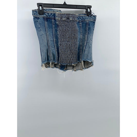 ZARA Women's Light Blue Denim Raw-Hem Button-UP Strapless Corset Top SZ M