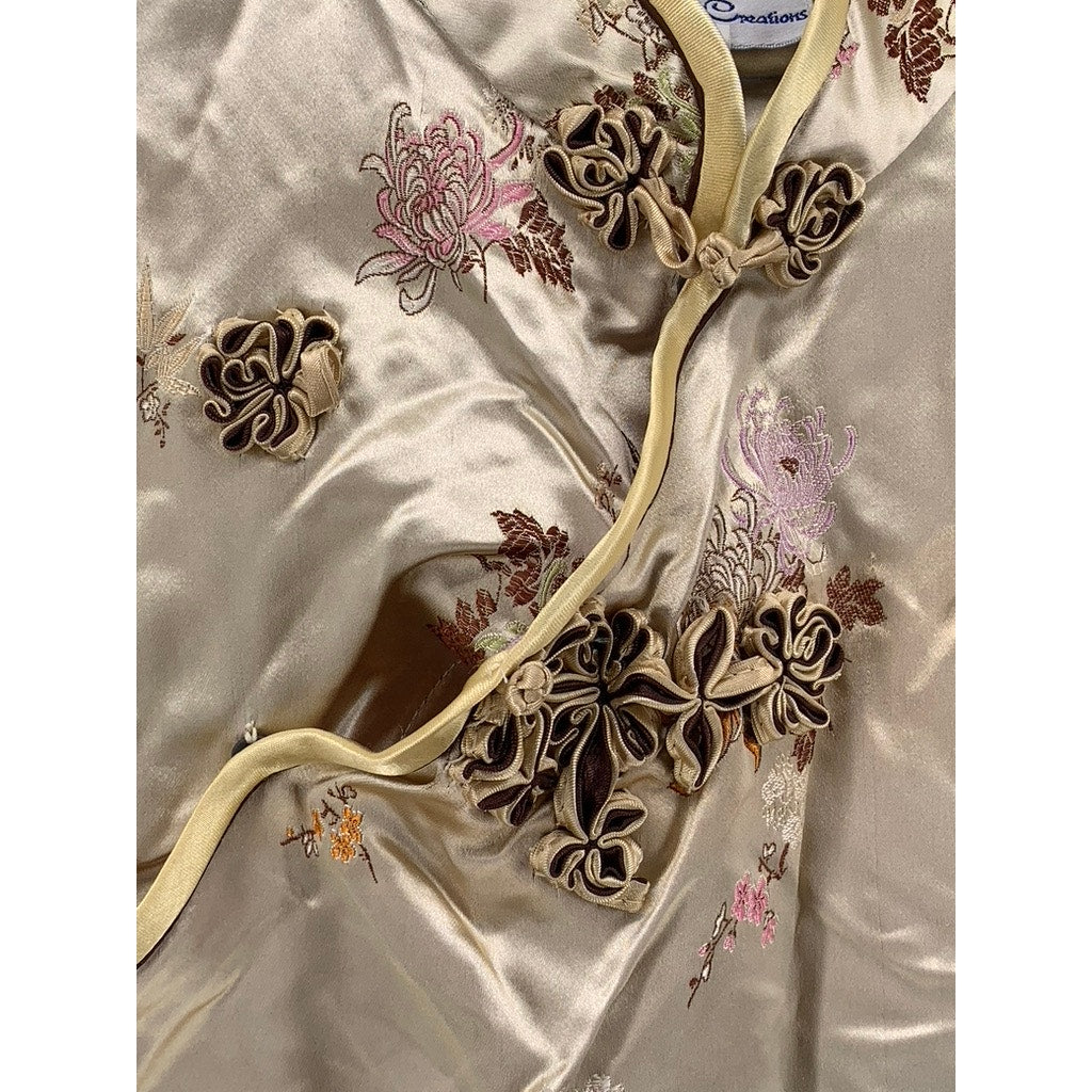 SILKROAD CREATIONS Women's Beige Satin Floral Print Cheongsam Dress SZ 40(US12)