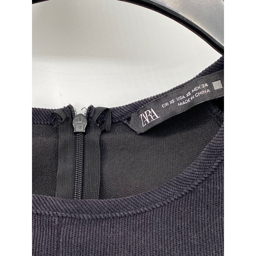 ZARA Women's Navy Blue Crewneck Corduroy Long Sleeve A-Line Mini Dress SZ XS