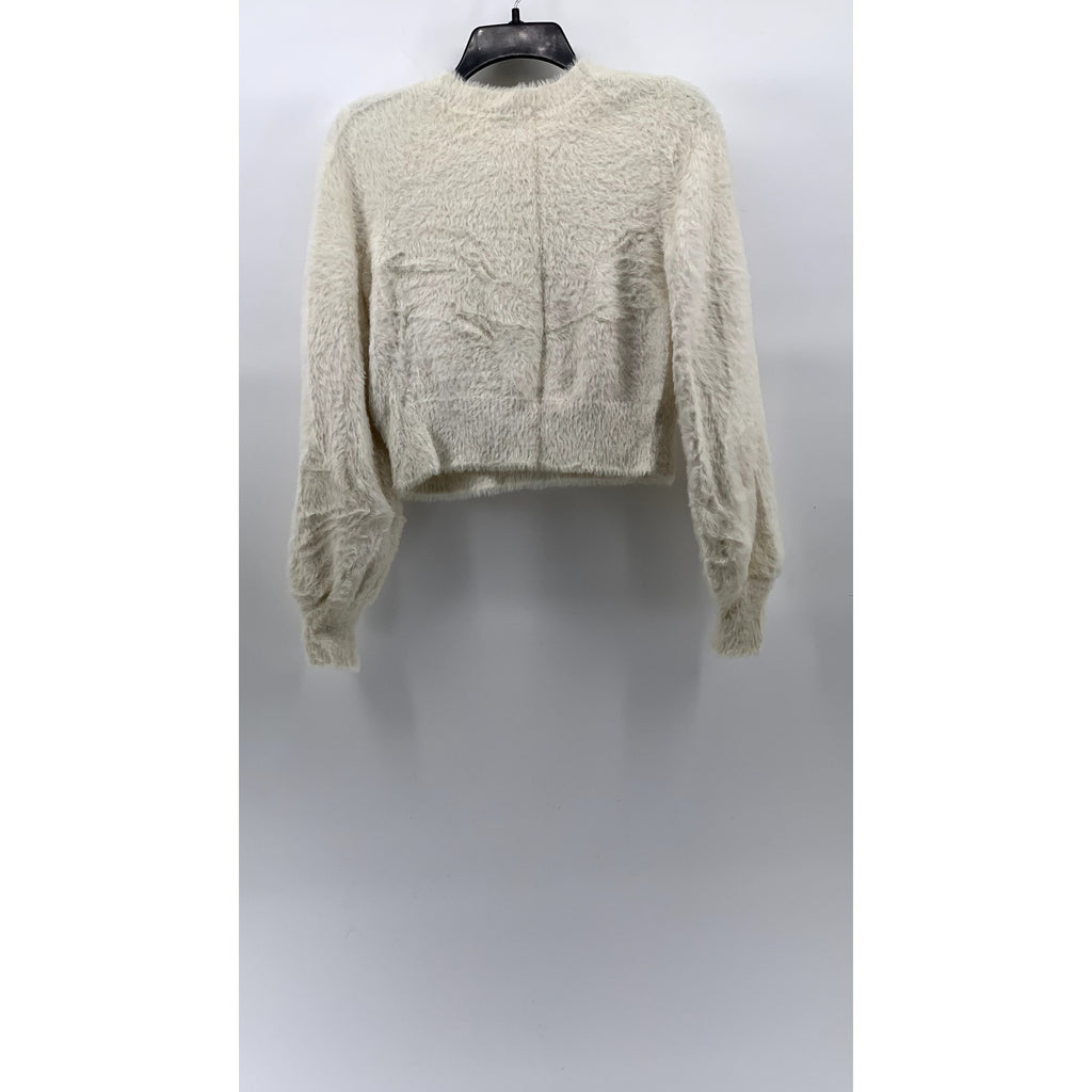 SUNDAY BEST Women's Cream Crewneck Riley Kitten Fuzzy Long Sleeve Sweater SZ S