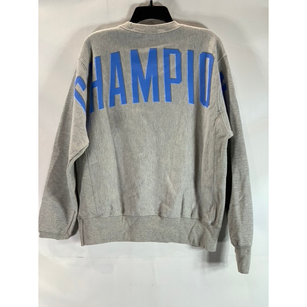 CHAMPION Reverse Weave Men's Gray/Blue Crewneck Large Logo Sweatshirt SZ M