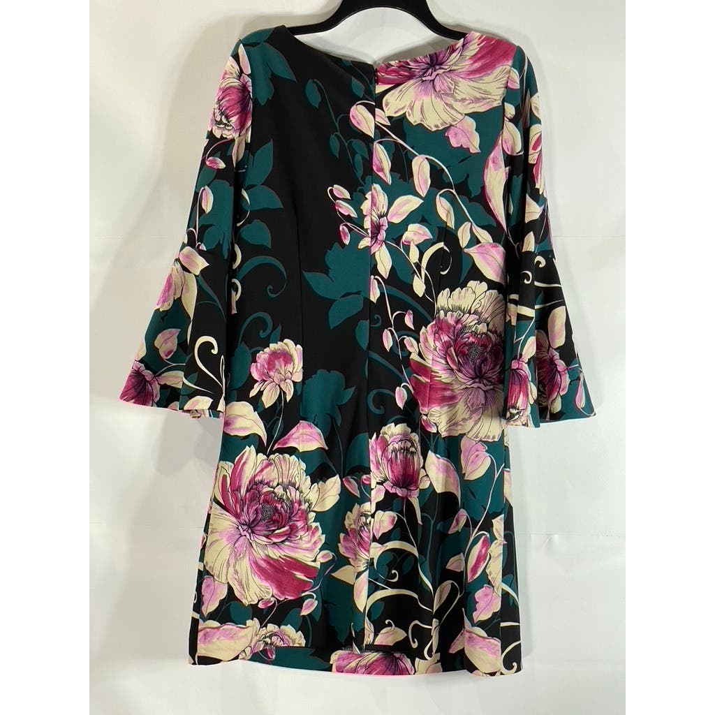 ELIZA J Women's Green Floral Boat-Neck Bell-Sleeve Shift Mini Dress SZ 12