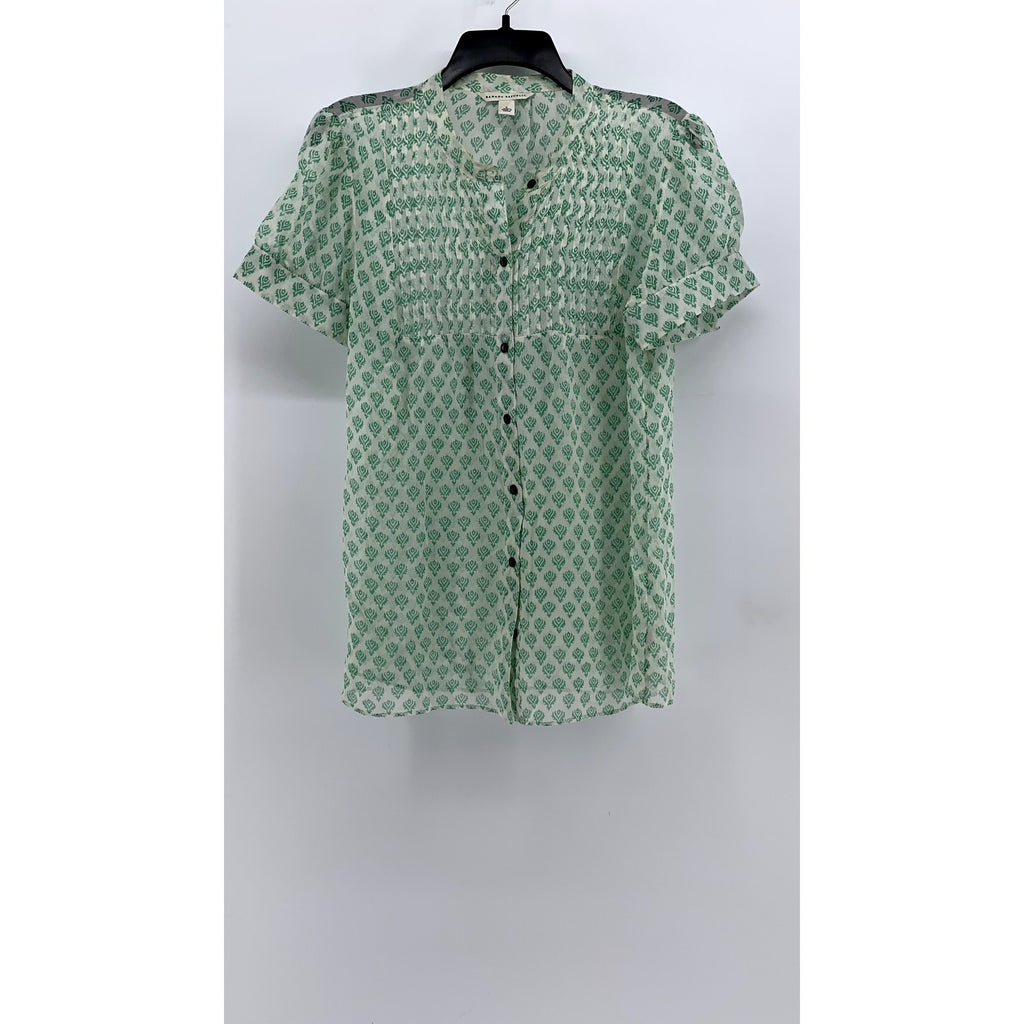 BANANA REPUBLIC Women's White-Green Printed Pintuck Button-Up Silk Top SZ L