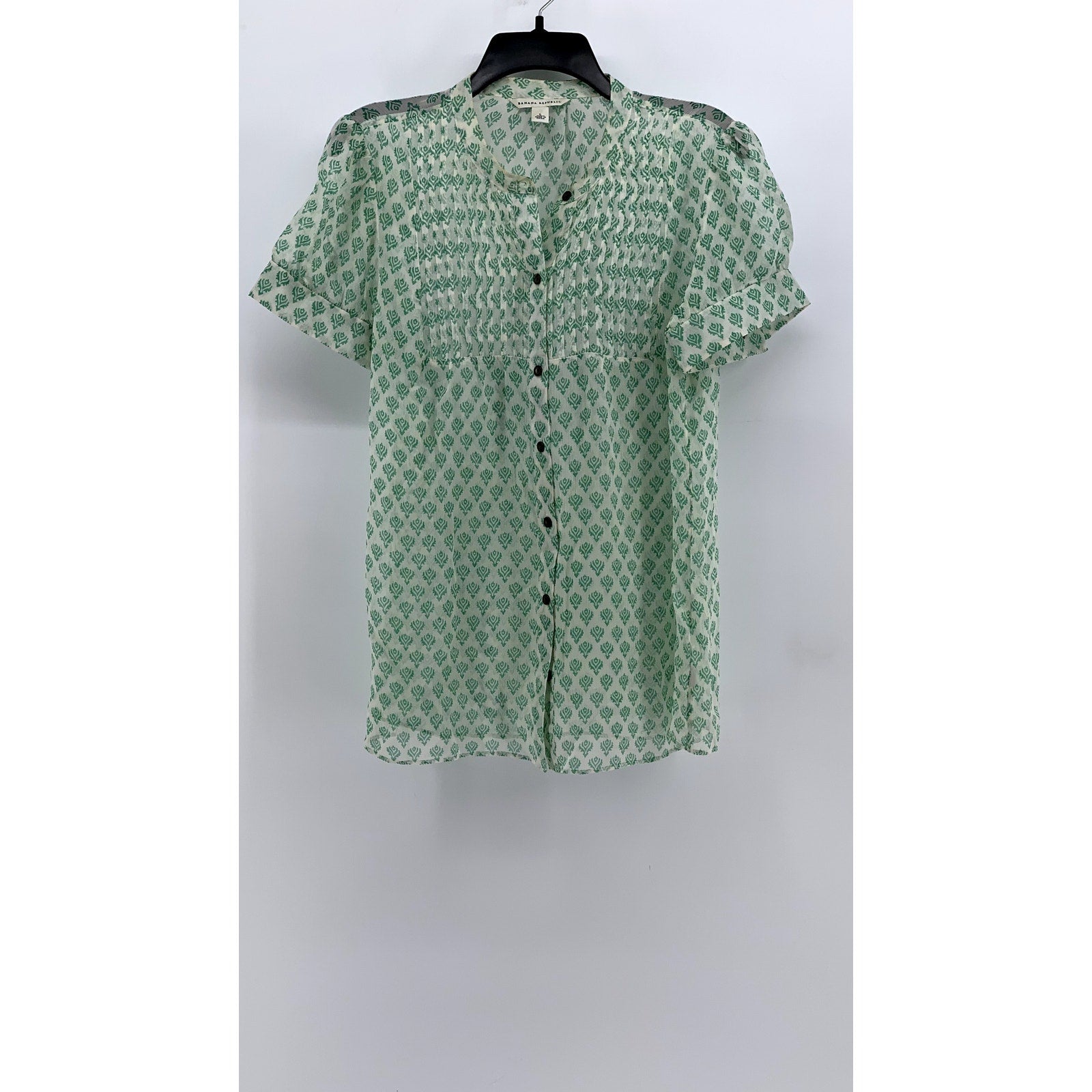 BANANA REPUBLIC Women's White-Green Printed Pintuck Button-Up Silk Top SZ L