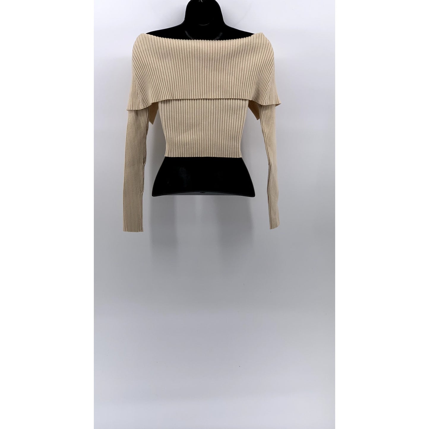 ZARA Women's Beige Rib Knit Off-The-Shoulder V-Neck Cropped Sweater Top SZ S