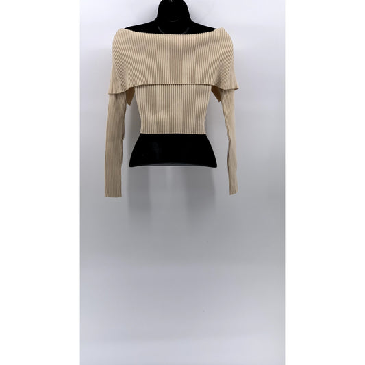 ZARA Women's Beige Rib Knit Off-The-Shoulder V-Neck Cropped Sweater Top SZ S