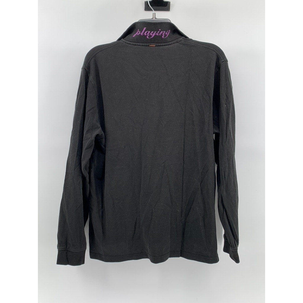 SUN68 Men's Black Textured Casual Long Sleeve Polo Shirt SZ L