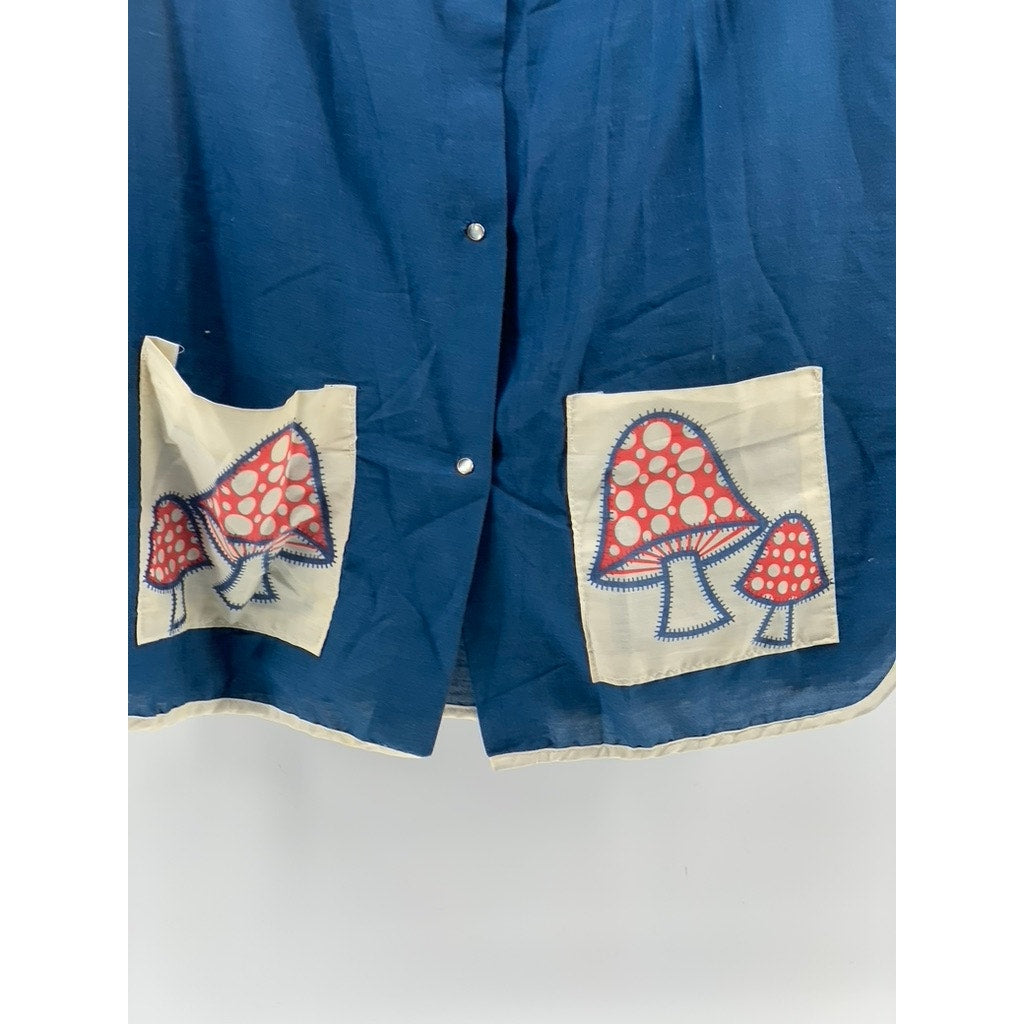 UNBRANDED Women's Vintage Blue-Red Mushroom Button-Up V-Neck Apron SZ OS