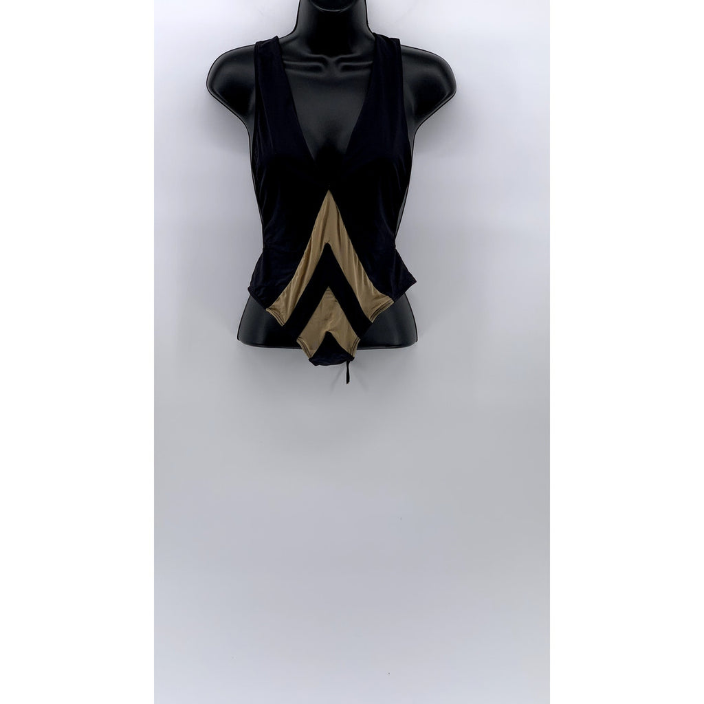 PD Women's Black-Beige Chevron Mesh V-Neck Back Lace-Up One-Piece Leotard SZ XS