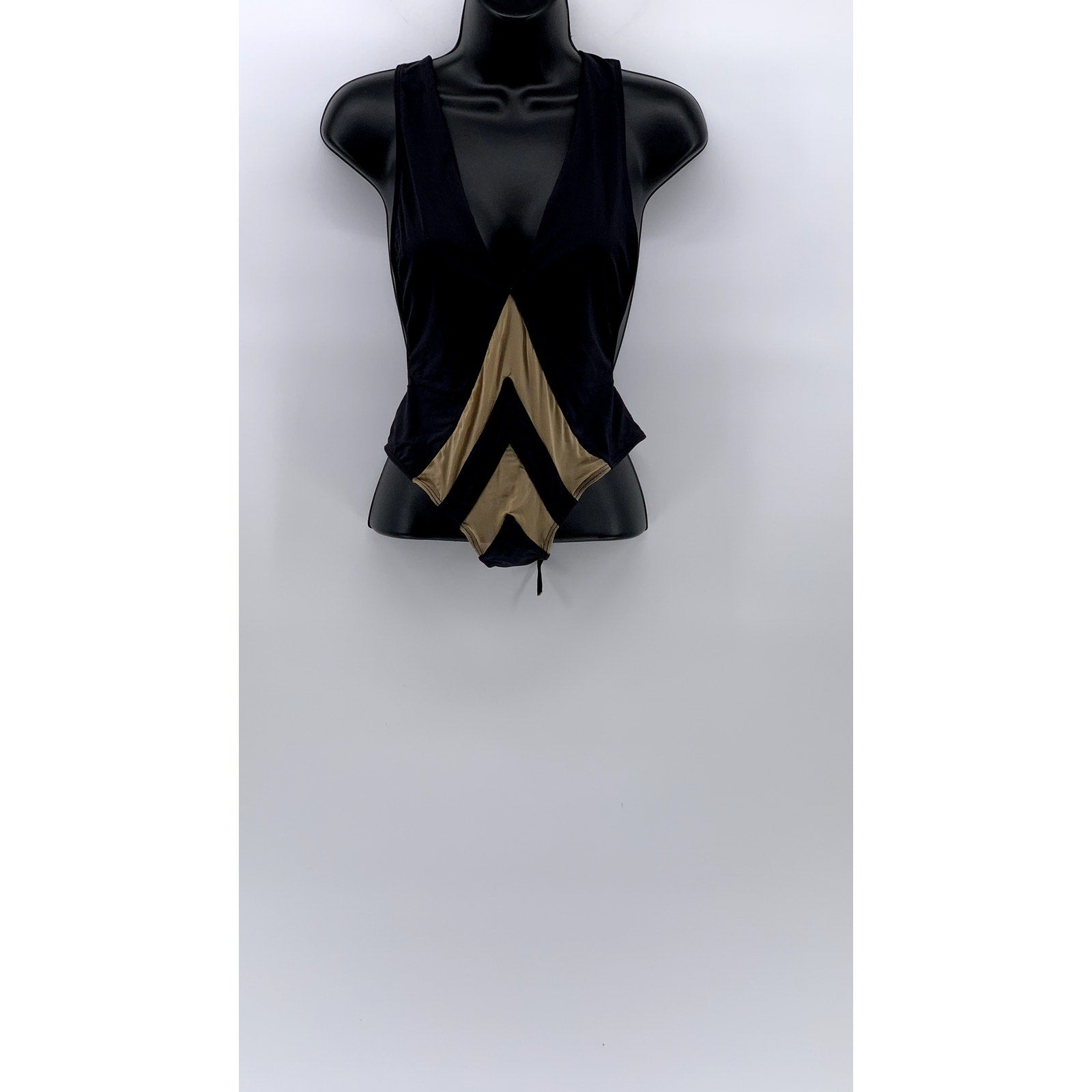 PD Women's Black-Beige Chevron Mesh V-Neck Back Lace-Up One-Piece Leotard SZ XS