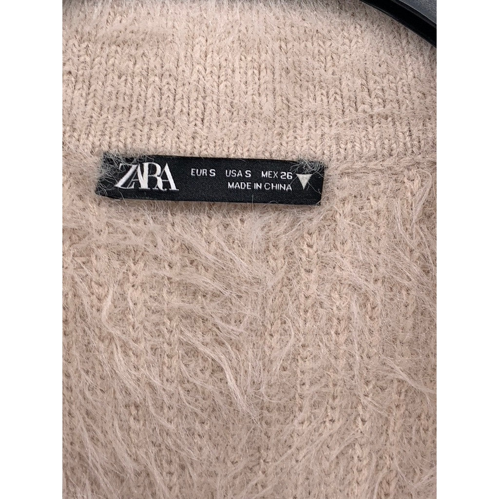 ZARA Women's Beige Fuzzy Knit Split-Neck Short Sleeve Cropped Polo Top SZ S