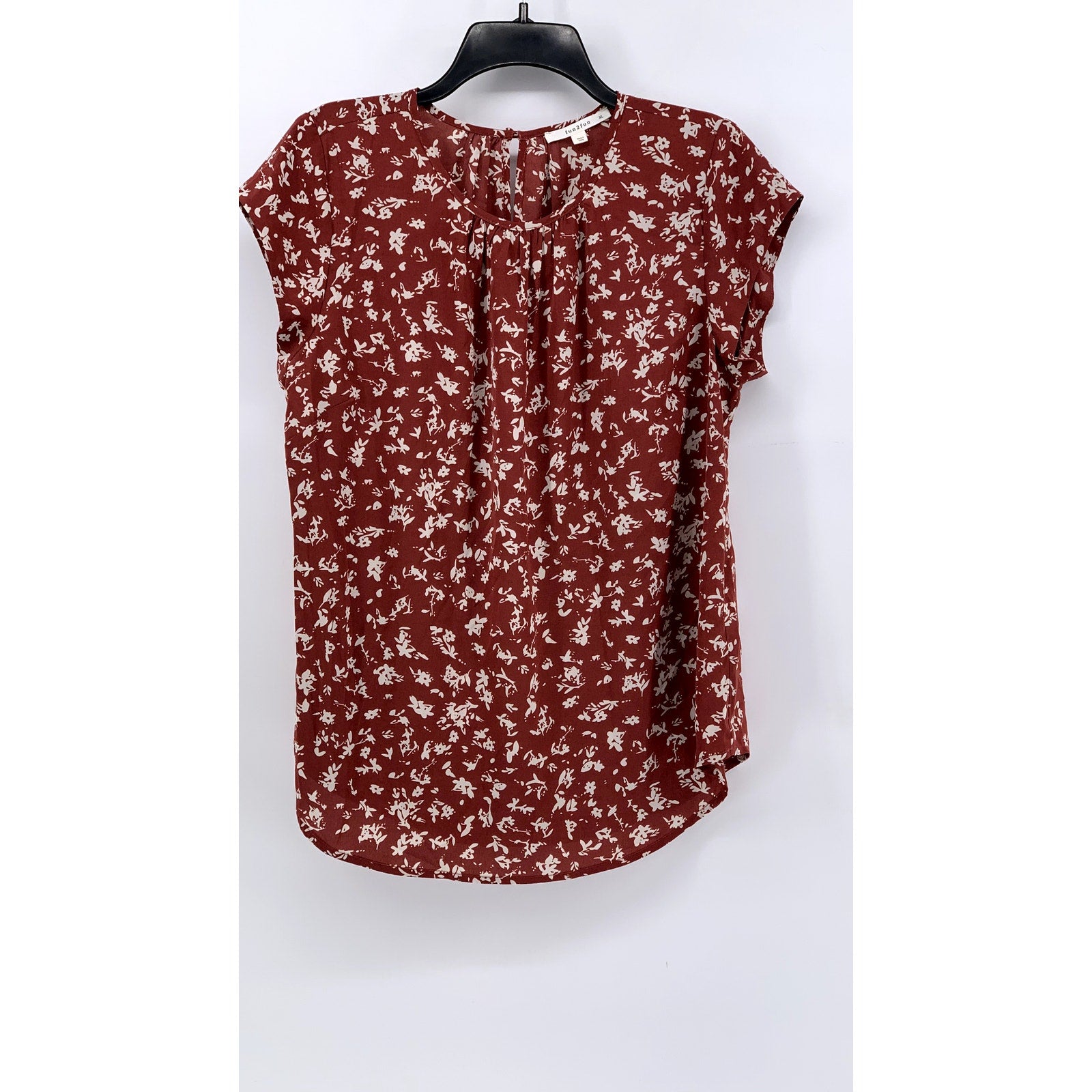 FUN 2 FUN Women's Burnt Orange Kaden Floral Pleated Short Sleeve Top SZ XL