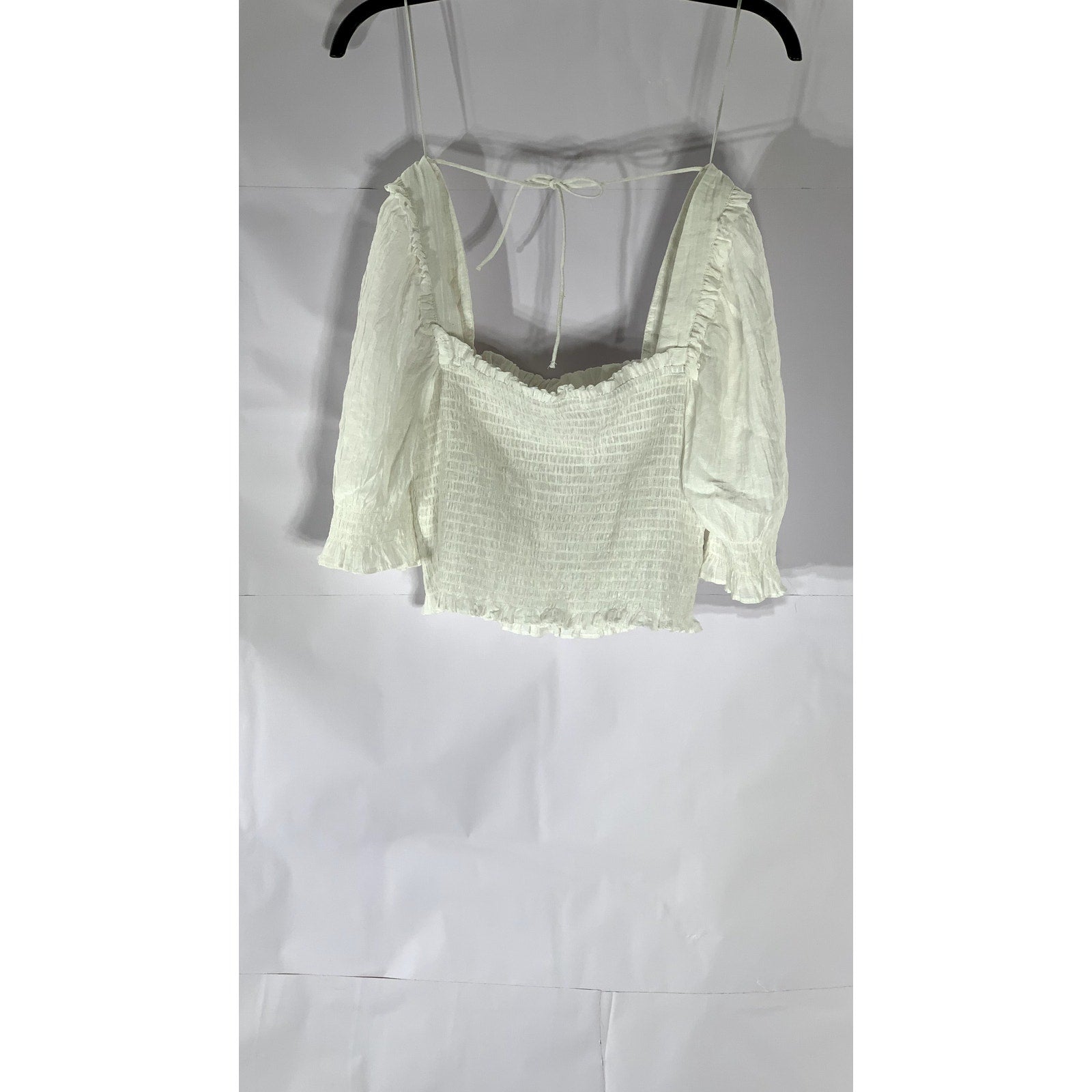 H&M Women's White Smocked Conscious Choice Puff-Sleeve Crop Top SZ S