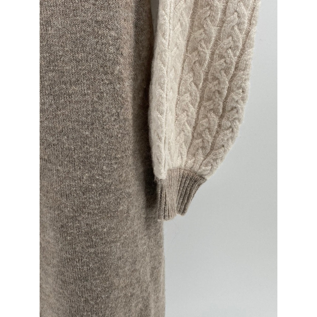 STITCHDROP Women's Beige Cable-Knit Long Sleeve Hooded Knee Sweater Dress SZ S