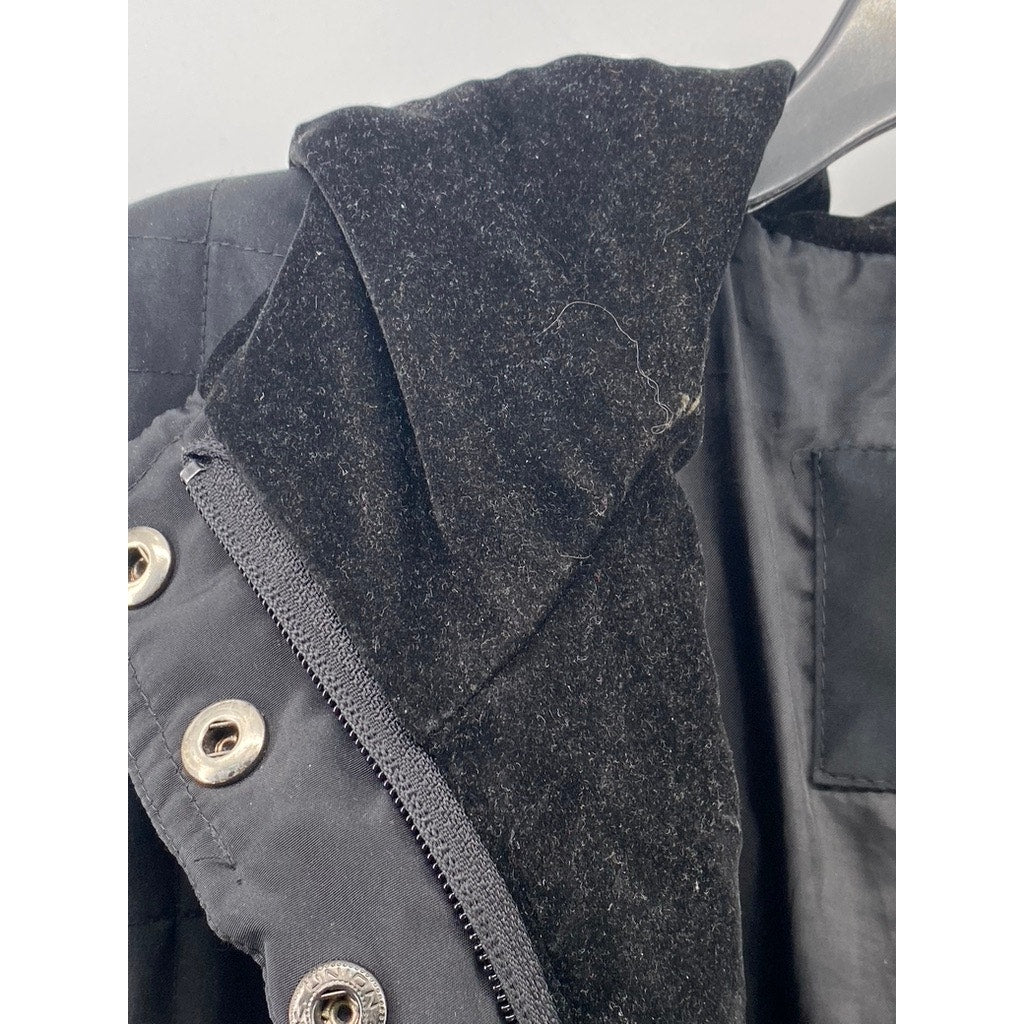 TALBOTS Women's Black Grid Velvet Trim Hooded Zip-Up Jacket SZ S