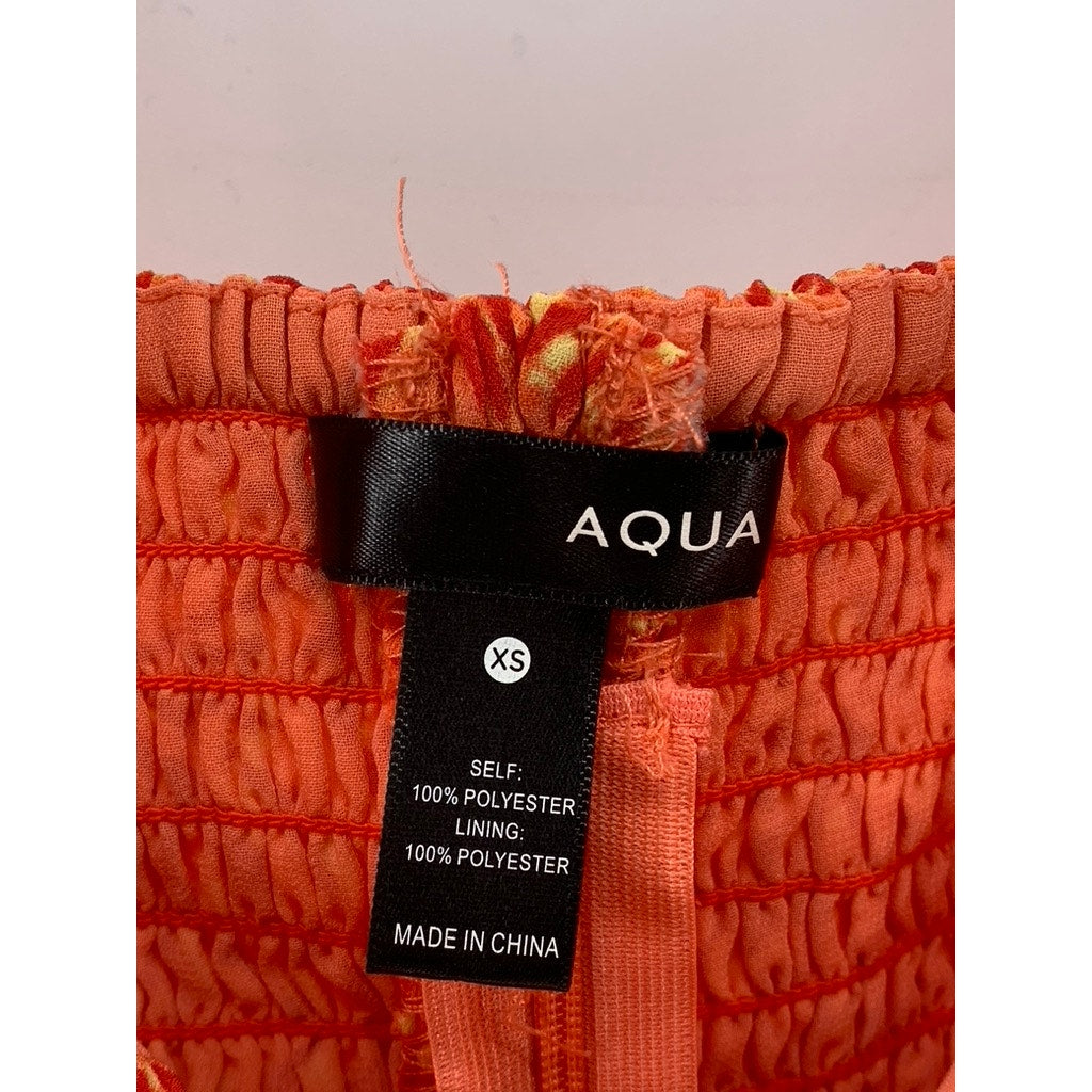 AQUA Women's Orange Printed Lace-Up Short Puff Sleeve Smocked Crop Top SZ XS