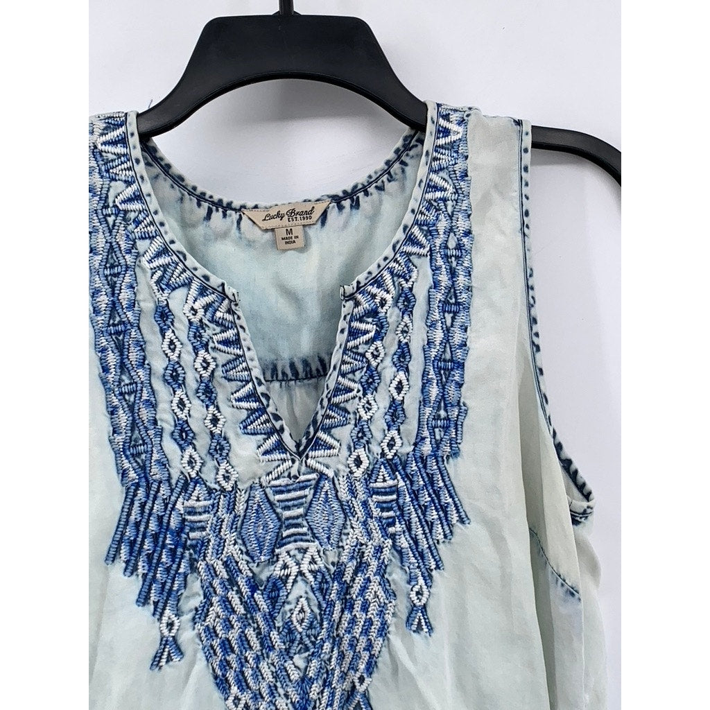 LUCKY BRAND Women's Blue Embroidered Split-Neck Tank Top SZ M