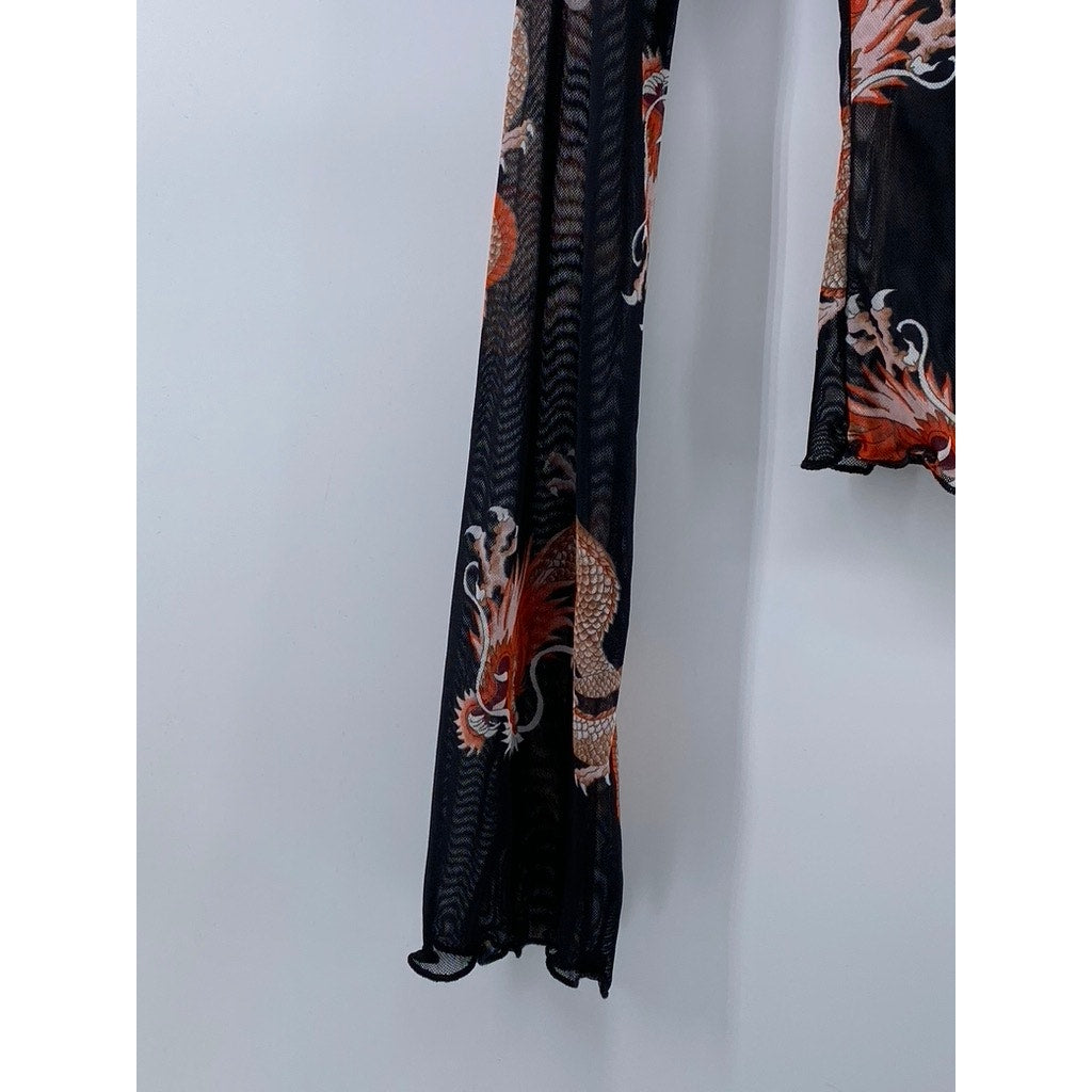 URBAN RENEWAL Women's Black-Orange Crewneck Sheer Remnants Dragon Top SZ XS