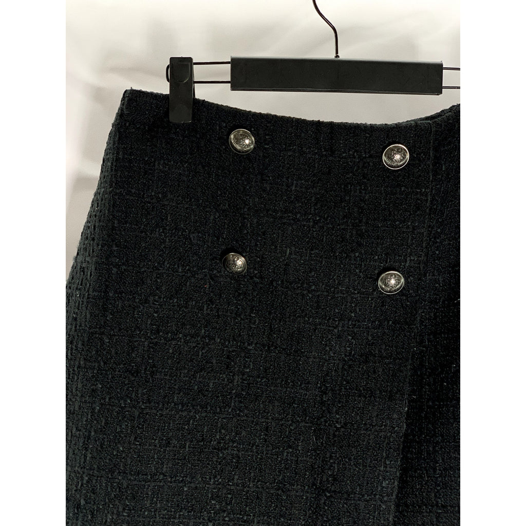 LOFT Women's Black Tweed Double Column Button Wrap Mini Skirt SZ 2