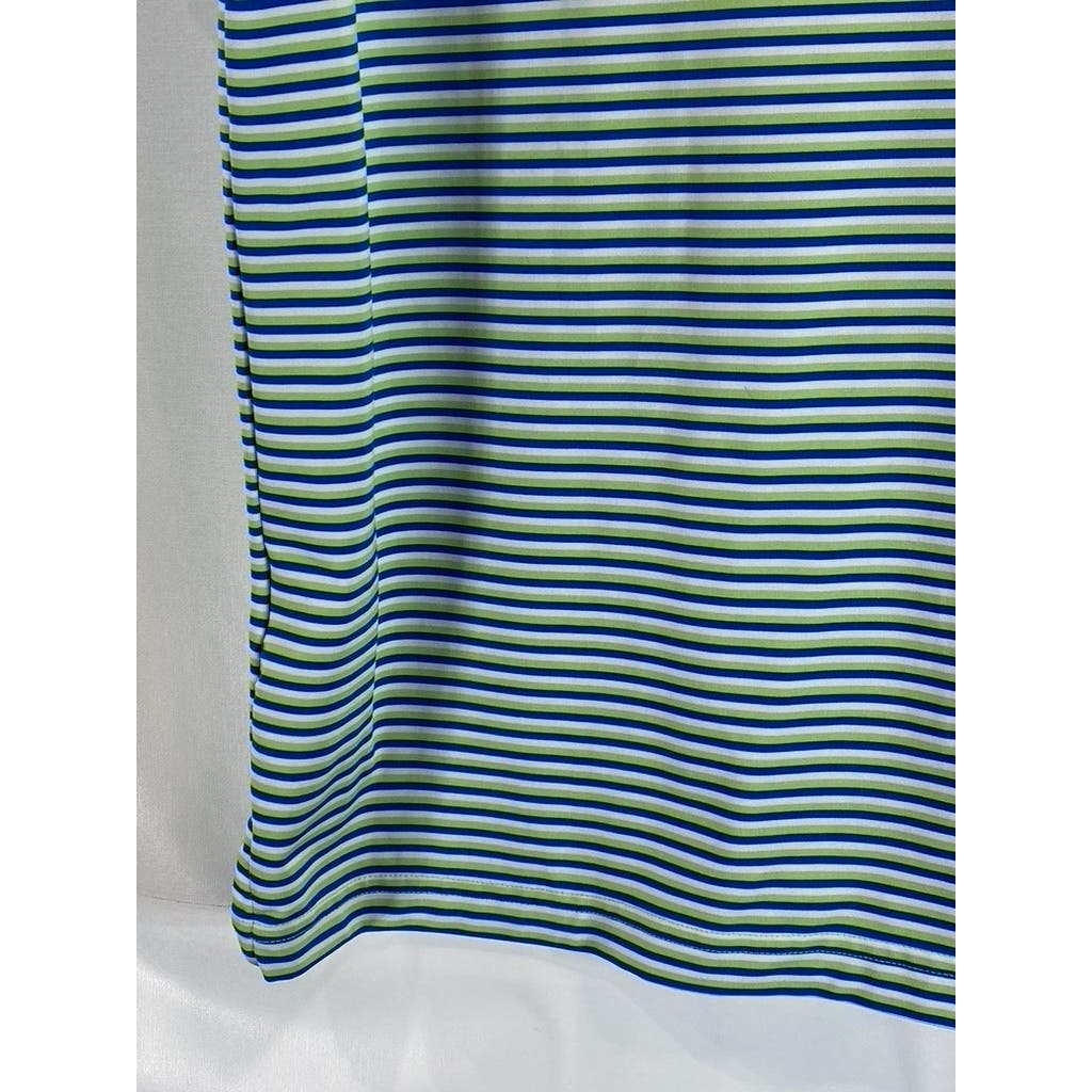 LANDS' END Men's Green/Blue Striped Shoe Graphic Short Sleeve Polo SZ M