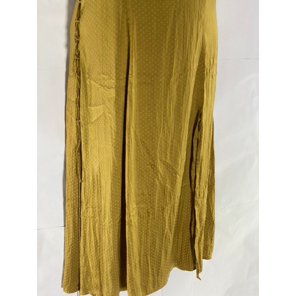 SIMPLE RETRO Women's Gold Micro Dot Print V-Neck Side Slit Midi Dress SZ S