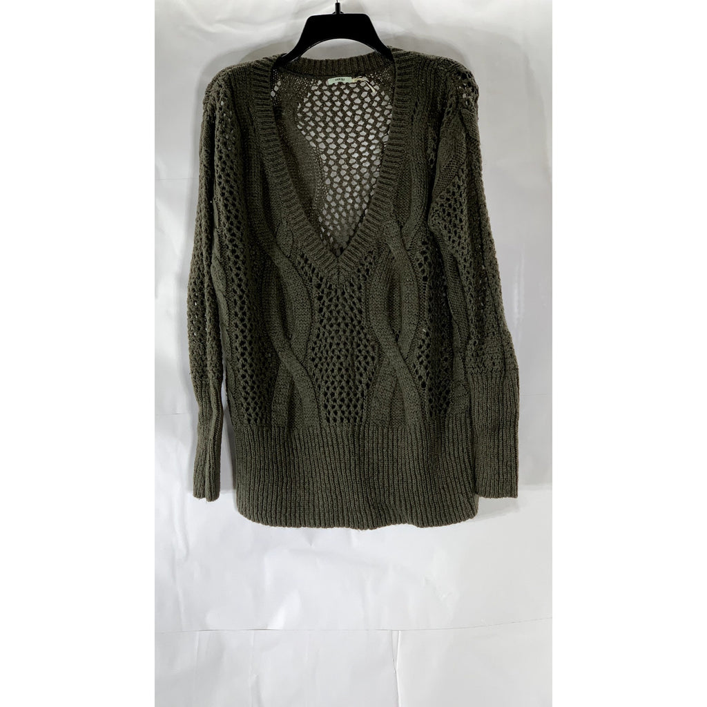 KIMCHI BLUE Women's Brown Crochet Knit V-Neck Long Sleeve Pullover Sweater SZ S