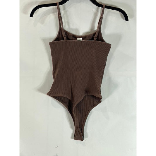 FULL TILT Women's Brown Ribbed Scoopneck Adjustable Strap Thong Bodysuit SZ M