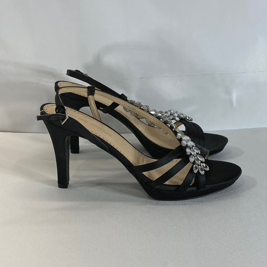 ADRIENNE VITTADINI Women's Black Satin Germaine Embellished Open-Toe Sandal SZ10