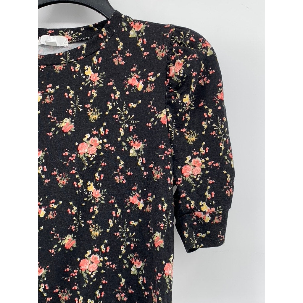 KISS Women's Black Floral Print Puff Short Sleeve Top SZ L