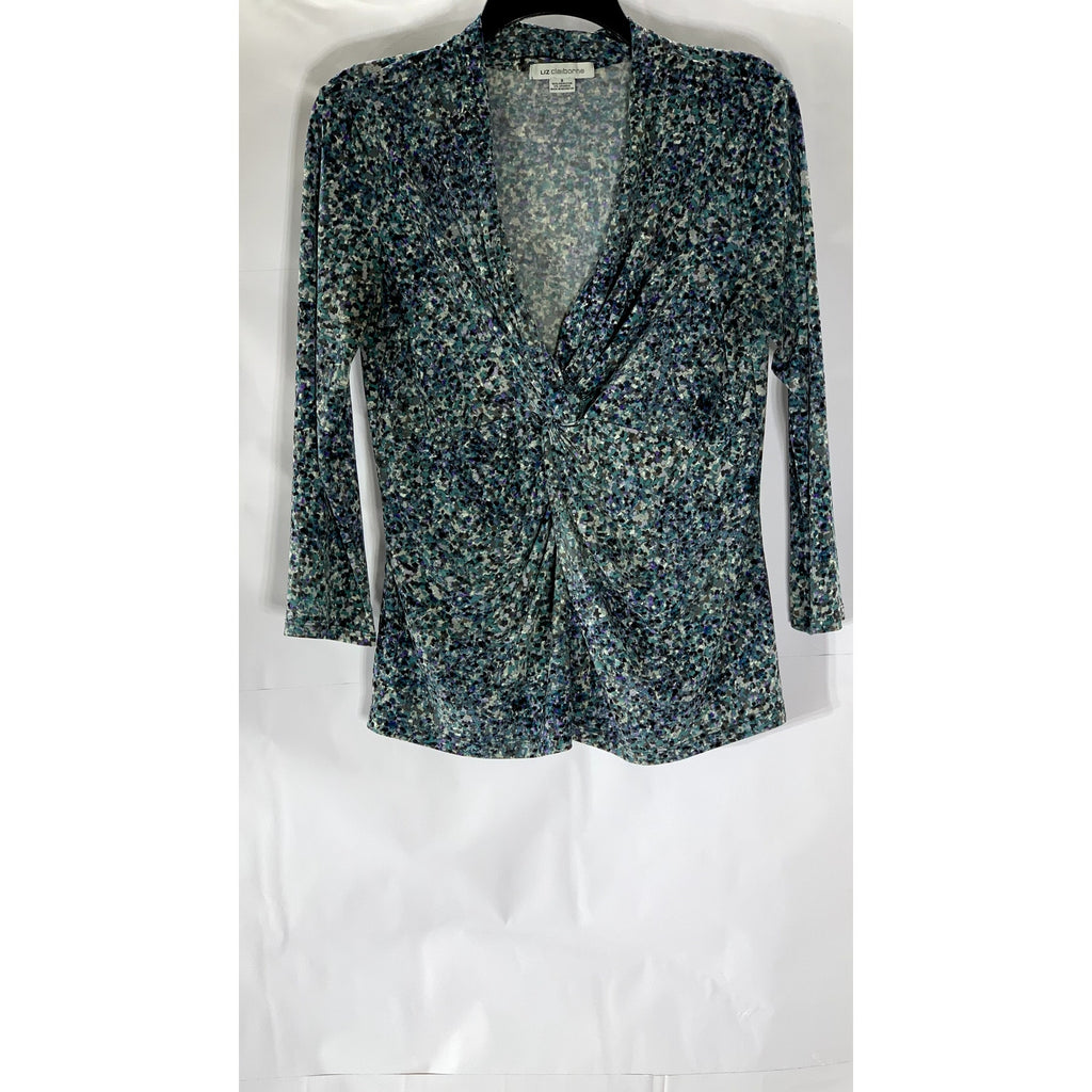 LIZ CLAIBORNE Women's Blue Floral V-Neck Twist-Front 3/4 Sleeve Top SZ S