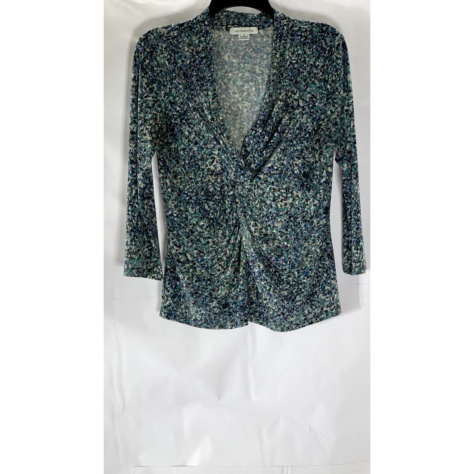 LIZ CLAIBORNE Women's Blue Floral V-Neck Twist-Front 3/4 Sleeve Top SZ S