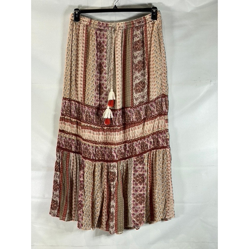 URBAN OUTFITTERS Women's Tan Esme Patch Printed Boho Tassel Maxi Skirt SZ L