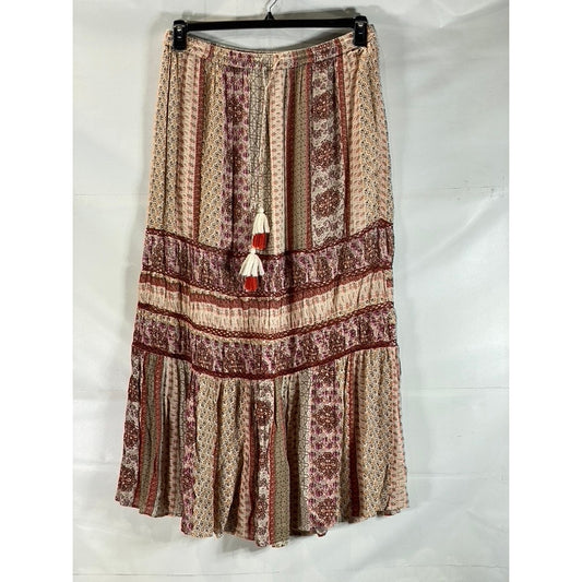 URBAN OUTFITTERS Women's Tan Esme Patch Printed Boho Tassel Maxi Skirt SZ L