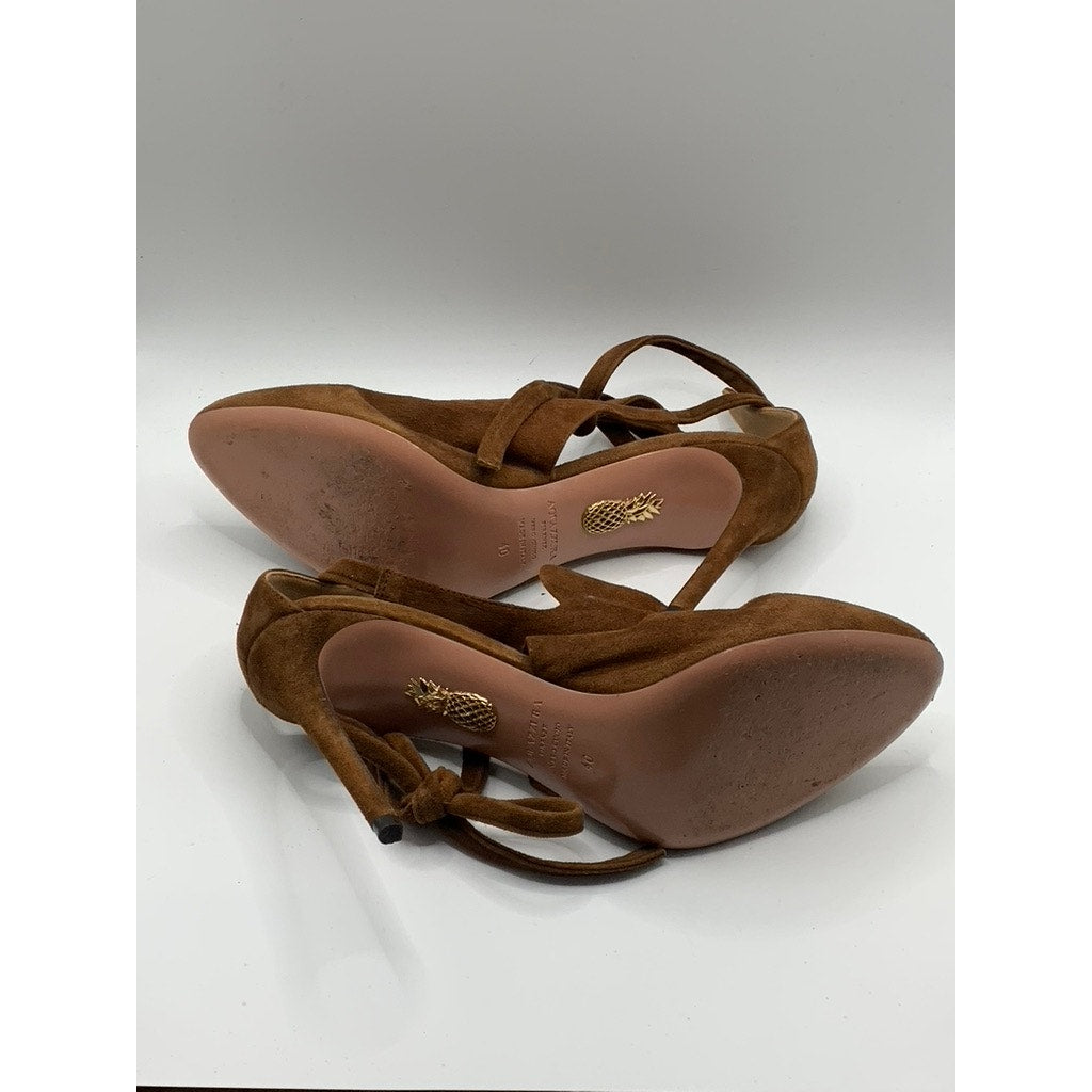 AQUAZZURA Women's Dark Brown Suede Leather Round-Tie Stiletto Heels SZ 40(US10)