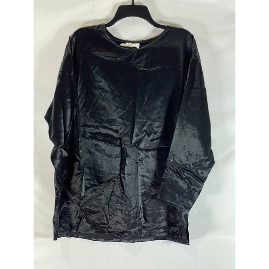 JF Women's Black Satin Crewneck Long Sleeve Lightweight Blouse SZ L