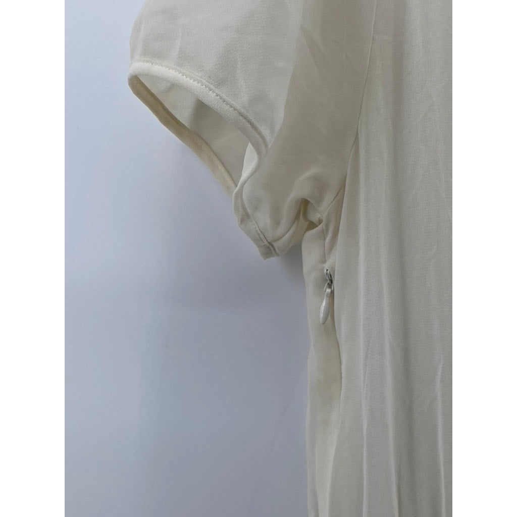 S&B Women's Petite Cream Knit Sheer Pleated Cinched Knee-Length Dress SZ 12P