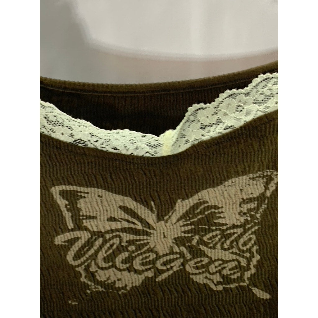 PROD Women's Dark Brown Butterfly Lace Trim Smocked Ruffle-Sleeve Crop Top SZ XS